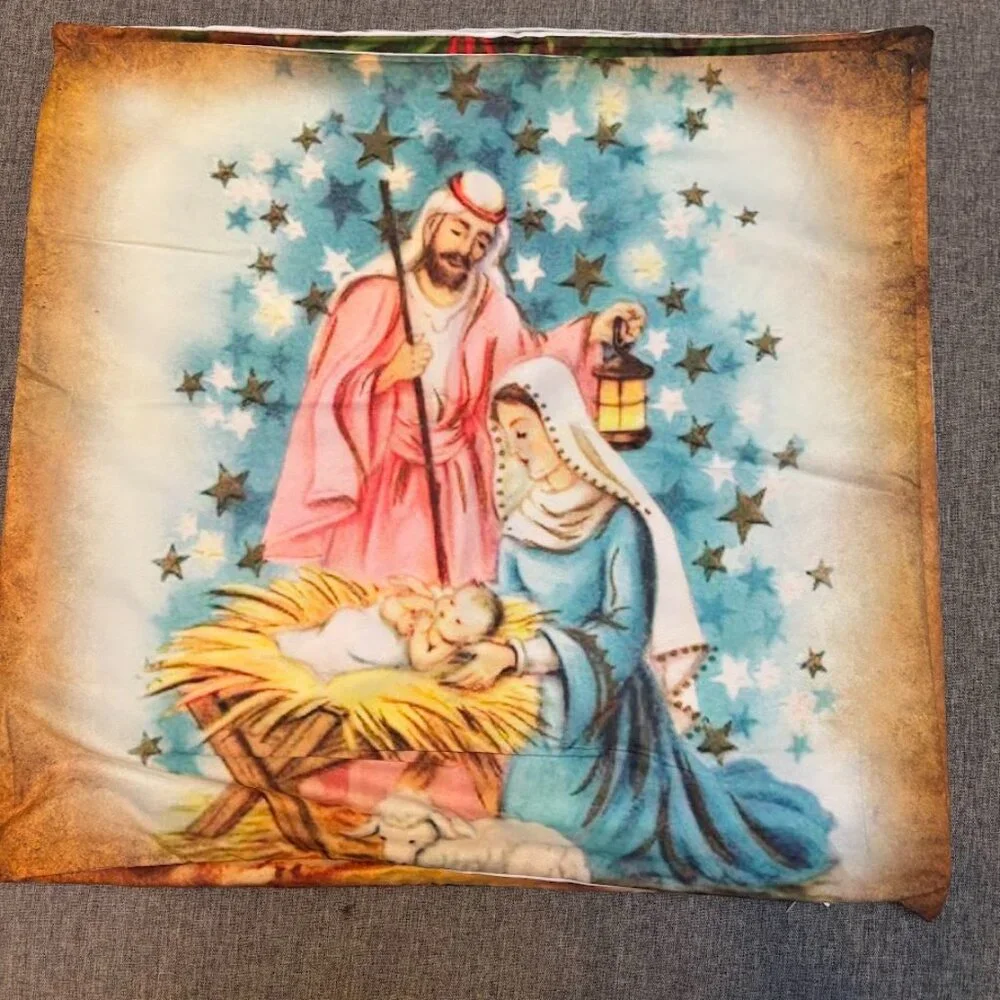 Nativity Scene Pillow Cover Set of 4 Manger Scene
